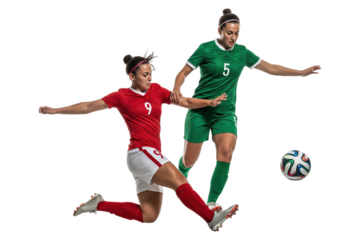 Female soccer players in a mid-air challenge for the ball during a game