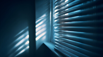 Soft blue light filtering through window blinds creating serene atmosphere in indoor space
