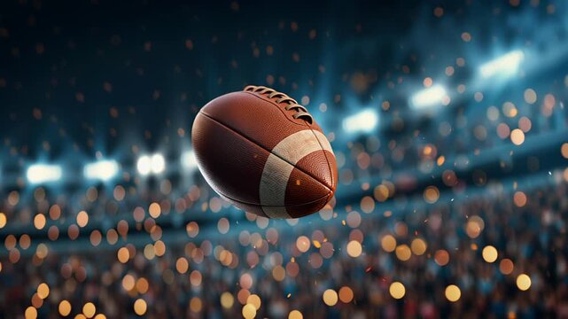 A close-up of a brown leather football spinning through the air with blurred stadium lights illuminating the background. The energy of the sports event is felt in every detail