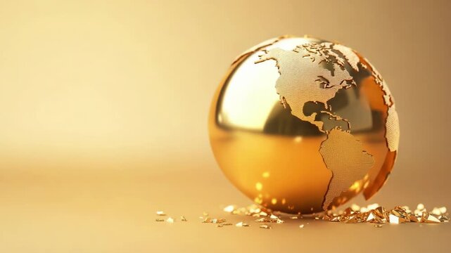 Gold earth globe breaking into pieces. Conceptual representation of a fragile world requiring awareness. Suitable for ecological themes, earth day, stock illustration