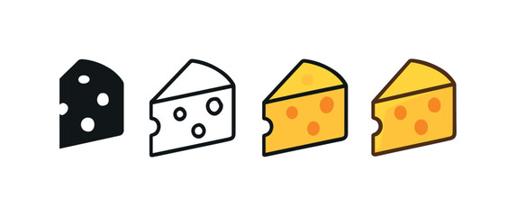 Vector icon cheese wedge same pose same proportions four styles black solid glyph outline minimal flat multicolor filled cartoon flat shaded.
