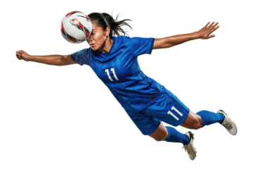 Female soccer player executing a powerful diving header in mid-air