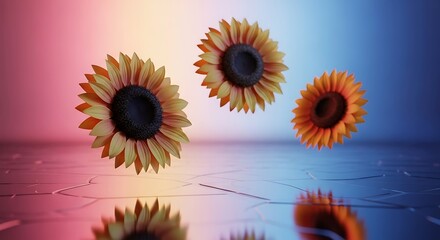 Sunflowers in luminous studio with colorful lighting and reflections