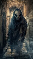Creepy Ghost in Gothic Corridor with Candlelight – Halloween Horror Stock Photo