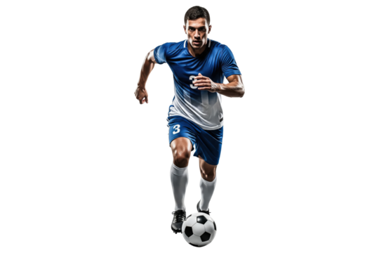 Professional male soccer player in a blue uniform dribbling a ball at speed