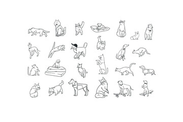 Hand drawn vector abstract graphic line collection set with diverse cute funny cartoon dogs and cats characters.Vector illustration of funny cartoon different breeds pets in trendy style. Line icon.