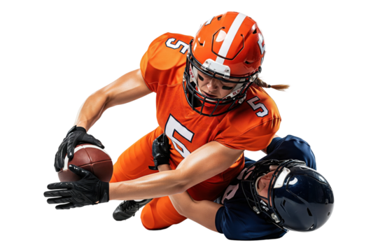 Two female American football players in full gear competing during a tackle