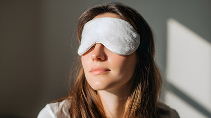 Woman with sleep mask relaxing in sunlight, enjoying peaceful moment of tranquility and rest