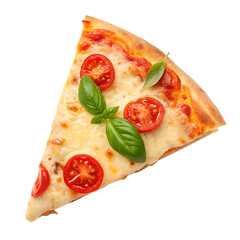 Delicious pizza slice with tomatoes, cheese, and basil. Suitable for food blogs, restaurant menus, and social media posts.