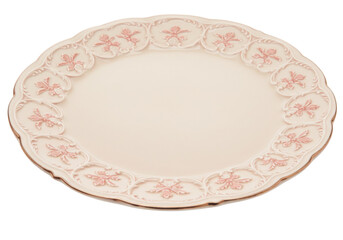 Elegant pink plate isolated on transparent background, decorative serving dish with floral pattern for dining and special occasions