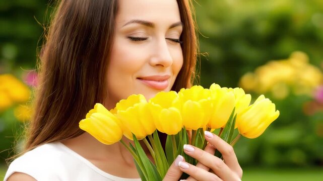 Close-up of serene woman inhaling fragrance of bright yellow tulips with closed eyes against blurred summer garden background.