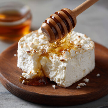 morceau de fromage de ch&egrave;vre frais avec un cuill&egrave;re de miel en bois

