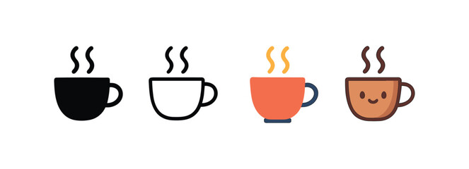 Vector icon coffee cup same pose same proportions four styles black solid glyph outline minimal flat multicolor filled cartoon flat shaded.