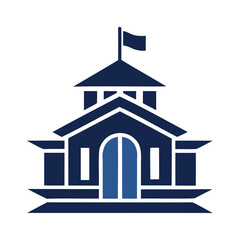 Stylized dark blue building with flag icon