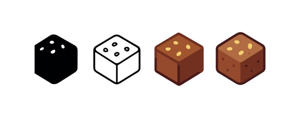 Vector icon brownie same pose same proportions four styles black solid glyph outline minimal flat multicolor filled cartoon flat shaded.