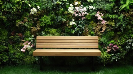 Obraz premium Wooden park bench in front of a lush green wall of plants.