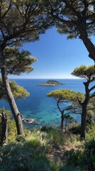Obraz premium Coastal view framed by trees, showing ocean, island, and blue sky