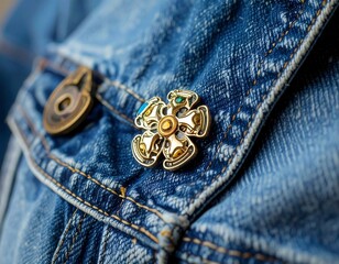 Close-up of a decorative pin on denim jacket
