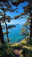 Obraz premium Coastal vista with trees framing ocean, island, and blue sky