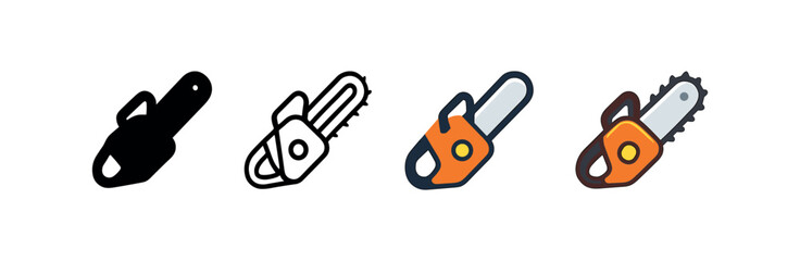 Vector icon chainsaw same pose same proportions four styles black solid glyph outline minimal flat multicolor filled cartoon flat shaded.