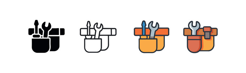 Vector icon tool belt same pose same proportions four styles black solid glyph outline minimal flat multicolor filled cartoon flat shaded.