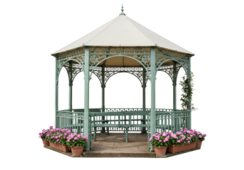 Elegant gazebo isolated on transparent background, ornate metal garden structure with flowers in pots for outdoor decoration