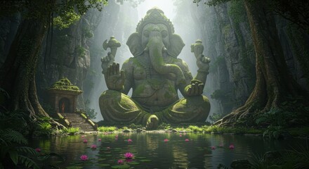 Obraz premium Ancient moss-covered Ganesha statue in a serene jungle pond setting Hindu god elephant god