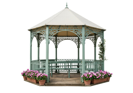 Elegant gazebo isolated on transparent background, ornate metal garden structure with flowers in pots for outdoor decoration