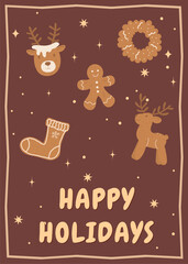 Holiday card with Merry Christmas text, gingerbread house, candy cane, tree, stars and ornaments. Festive seasonal winter greeting background vector.