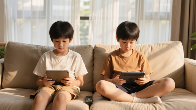 Children using tablets together on couch, modern digital dependence and lack of movement - Powered by Adobe