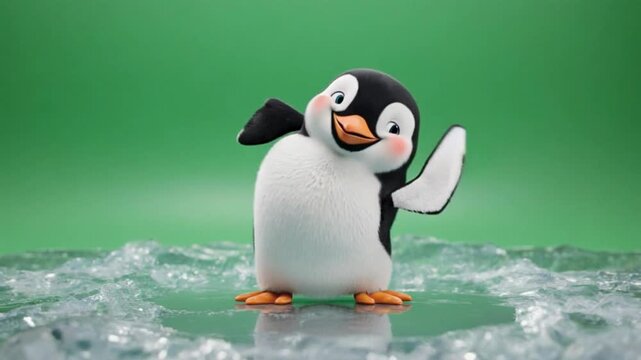 An adorable penguin character slipping and falling comically, getting back up and waving at the camera, full green screen