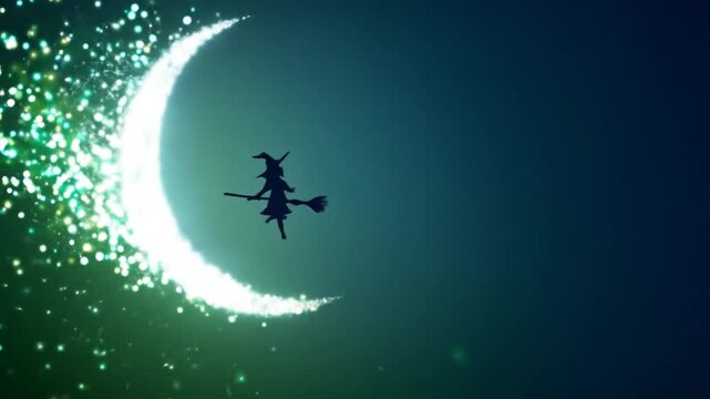 Animated witch silhouette flying across crescent moon against dark sky