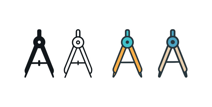 Vector icon drafting compass same pose same proportions four styles black solid glyph outline minimal flat multicolor filled cartoon flat shaded.