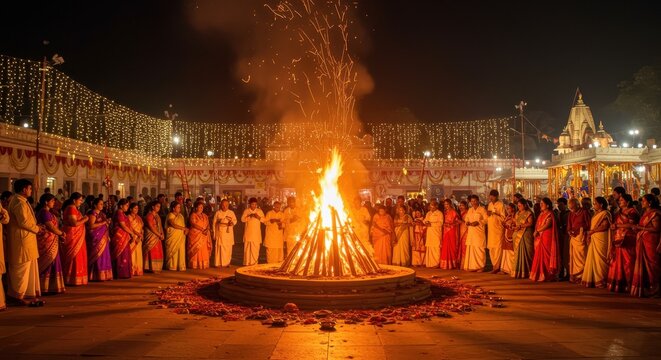 Bonfire Celebration with People in Traditional Attire at Night Holi festival