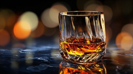 Whiskey glass with glowing amber liquid and elegant reflections
