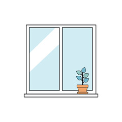Flat Window with Potted Plant Vector Illustration