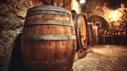 Fototapeta premium Barrel of wine in rustic cellar with soft light atmosphere