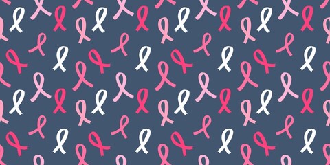 Pink ribbon seamless pattern on dark background symbolizing breast cancer awareness, hope, and support. Inspiring design for campaigns, charity, and advocacy.