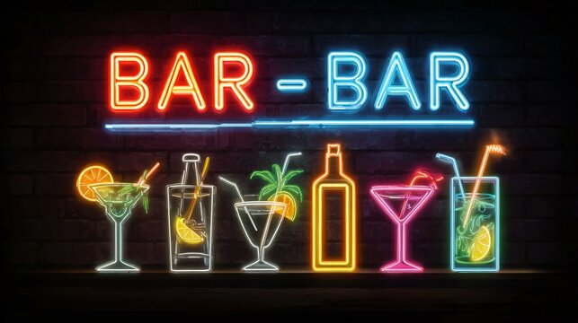 Neon sign bar background with colorful cocktails in front