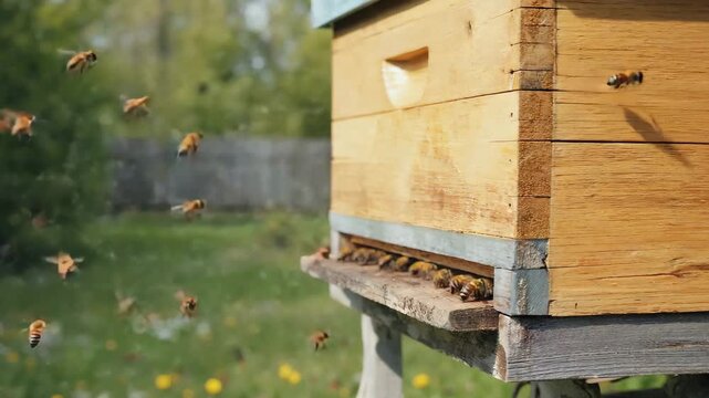 Busy honey bees swarming and flying around the entrance of a traditional wooden apiary hive box during springtime.