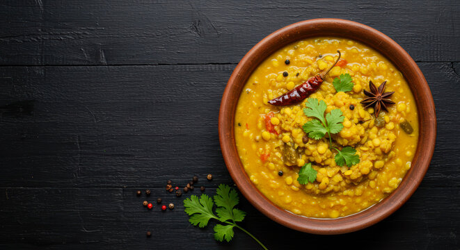 Traditional Indian Yellow Dal Lentil Soup with Fresh Cilantro, Dried Chili, and Star Anise on a Dark Rustic Wooden Background