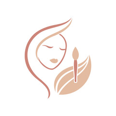 Elegant woman s face and makeup brush logo design