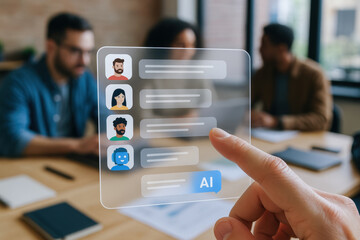 Ai developer workspace with ai programmer using futuristic chat interface in office environment