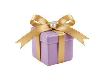 Lilac gift box with golden ribbon and pearl isolated, present for special occasion and celebration PNG