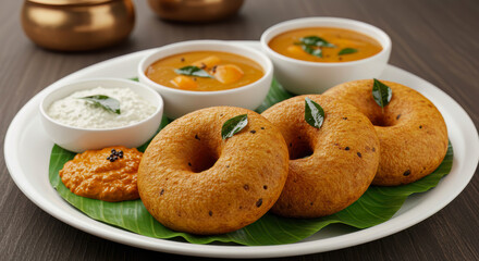 Delicious South Indian Medu Vada Platter Served with Flavorful Sambar, Creamy Coconut Chutney, and a Spicy Side Dip on a Traditional Banana Leaf