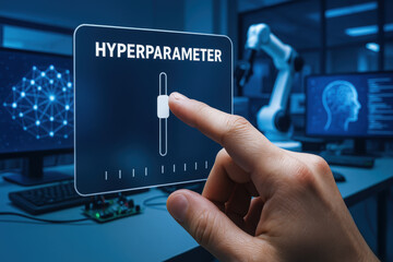 Ai developer workspace with programmer adjusting hyperparameter settings on digital interface in modern tech environment