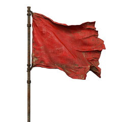 A tattered red flag waves atop a weathered pole, isolated on transparent background, symbolizing resilience and defiance against adversity in a desolate landscape