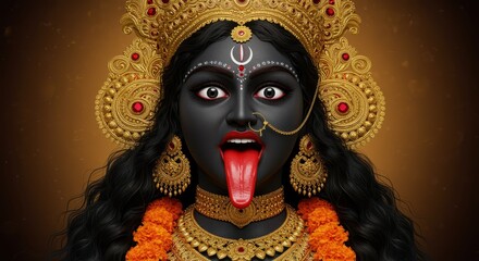 Close-up Portrait of Goddess Kali with Black Skin and Fiery Red Tongue Hindu goddess deity