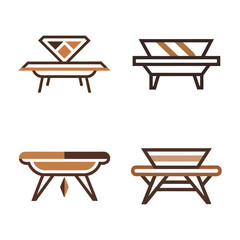 Four stylized icons of wooden tables with geometric patterns