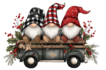 Three gnomes in red white and black hats isolated on a transparent background
